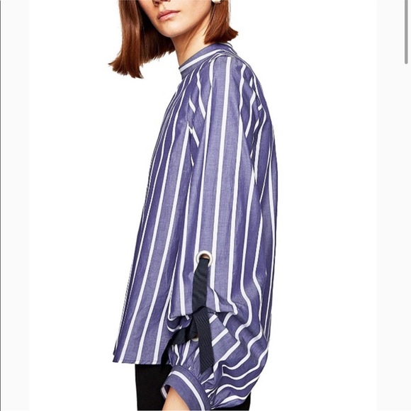 Zara Basic Z1975 Denim Blue and White Striped Top with Tie Sleeves S - Picture 2 of 5